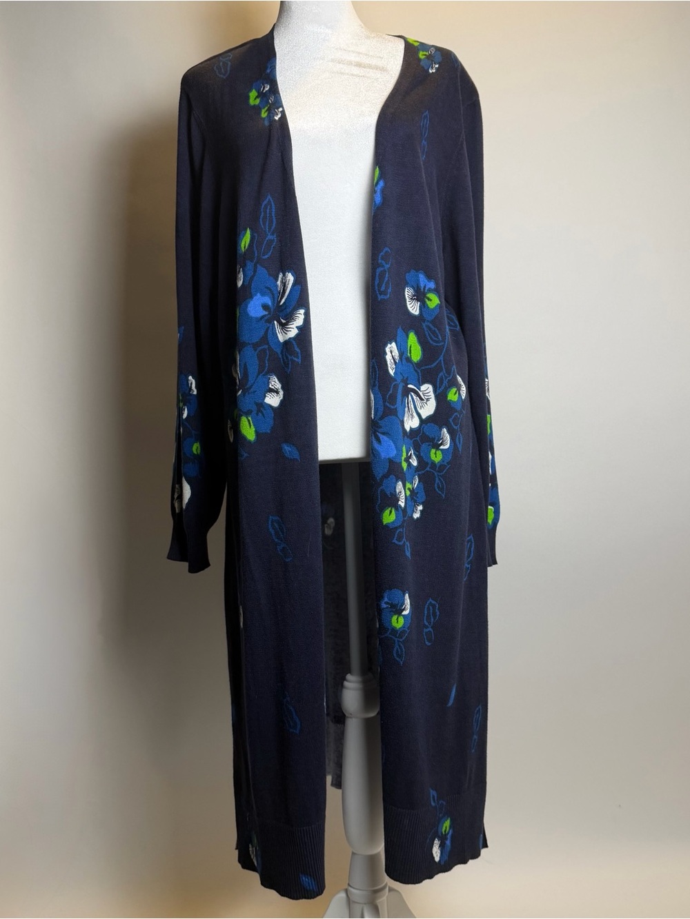 NY Collection Cotton Blend Navy Floral Open-Front Long Cardigan